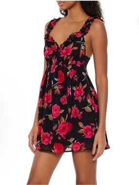 Forever 21 Black Pink red roses Floral mini babydoll tank dress ruffle straps XL